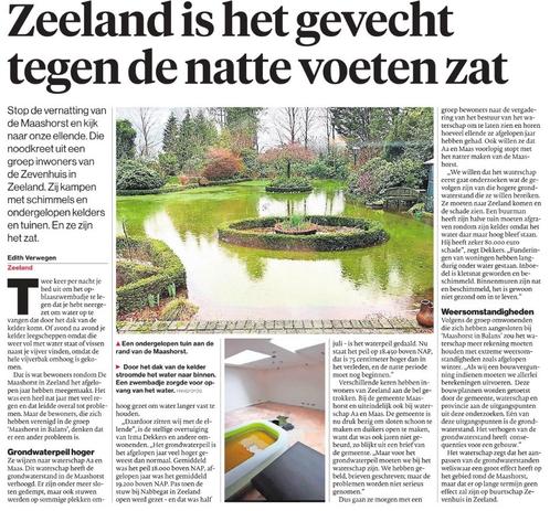 Artikel over bewoners van het Brabantse Zeeland die last hebben gehad van de combinatie verhoogde grondwaterstand en de extreme regenval in de eerste helft van dit jaar. Dit heeft geleid tot schade aan woningen en tuinen omdat die zijn ondergelopen.