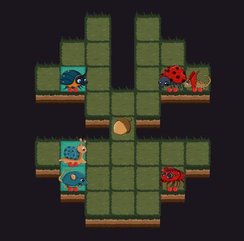 A screenshot from a Ludum Dare jam game "Bug Squad". It shows one of the battlefields, six different creature units and a big acorn.