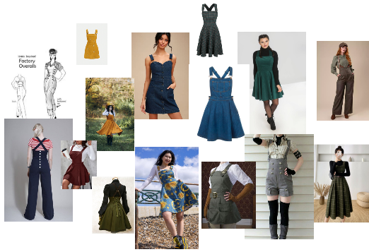 un tableau d'inspiration avec des robes-salopettes et des robes pinafore et diverses fermetures de salopettes historiques ou créatives