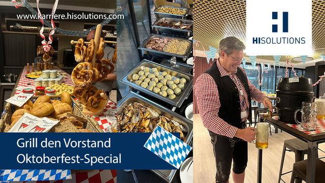 Bildtitel: Grill den Vorstand Oktoberfest-Special. v.l.n.r. ein Tisch mit Brezeln, Semmeln, Käseplatte & Obazda, warme Speisen in Behältern, ein Mann in Lederhosen beim Bier zapfen aus einem Fass sichtbar.