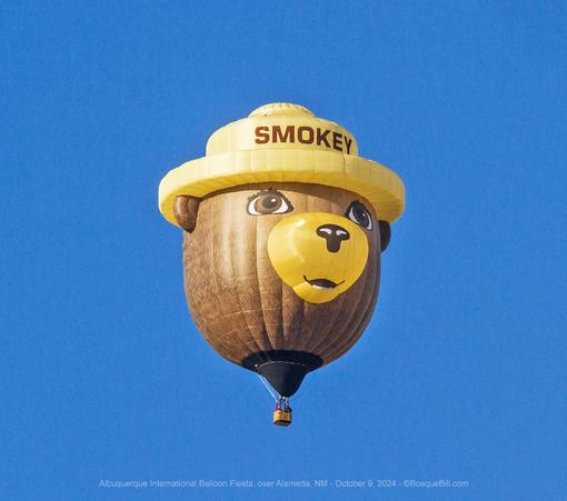 A hot air balloon against a clear blue sky. The balloon is in the shape of a cartoon bear head wearing a forest ranger hat with "SMOKEY" written across the crown; bear is brown with a yellow muzzle.
©BosqueBill.com