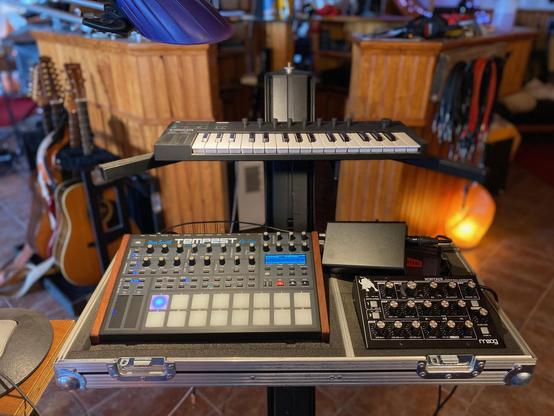 A Sequential Tempest drum machine MOOG Minitaur and a Native Instruments KOMPLETE 32 keyboard