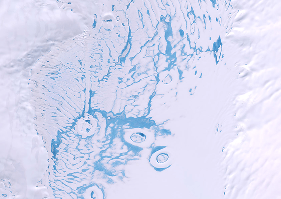 This satellite image shows meltwater slush and lakes on the top of Antarctica's Bach Ice Shelf.