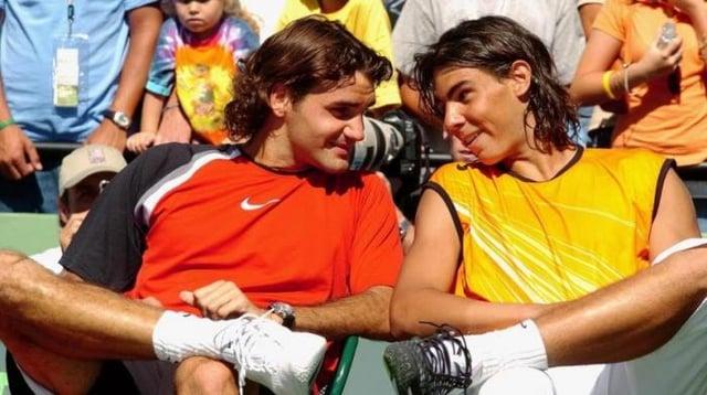 Roger Federer and Rafa Nadal sitting next to each other in 2005, Miami Open.