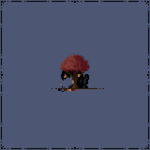 At the center of the image there is a tree with crimson leaves and a giant man trying to hide behind it, head leaning towards the right side of the tree, leg on the right side, knee up. Left side of the image there is the silhouette of two tiny individuals looking up at the giant man.
