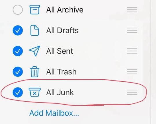A screenshot of part of the “Edit” mailbox options in the iOS 18.0.1 Apple Mail app, showing the newly added “All Junk” mailbox.
