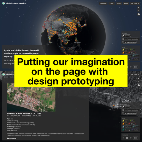 A banner reading "Putting our imagination on the page with design prototyping" overlaid on a montage of maps and data visualizations. The most prominent map shows a dark gray and black globe, glowing with multicolored dots across the cities of East Asia
