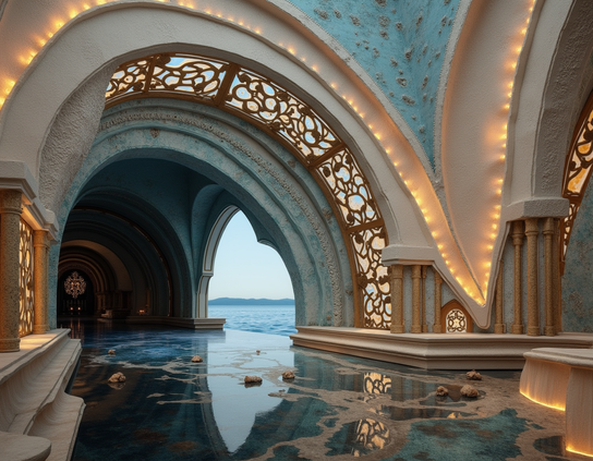 Arched stone hallway with vaulted ceiling, reflective marble floor, illuminated details, and a view of the sea.