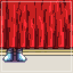 Pixel art of someone hiding behind red curtains. Their blue shoes are sticking out from under it.