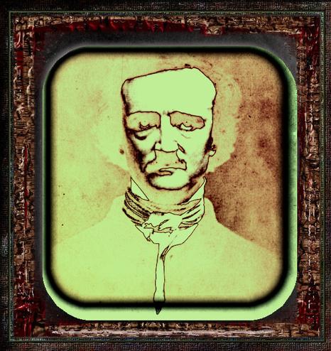 A modified photo portrait of Edgar Allan Poe, aged negative in dull yellow green and reddish brown.