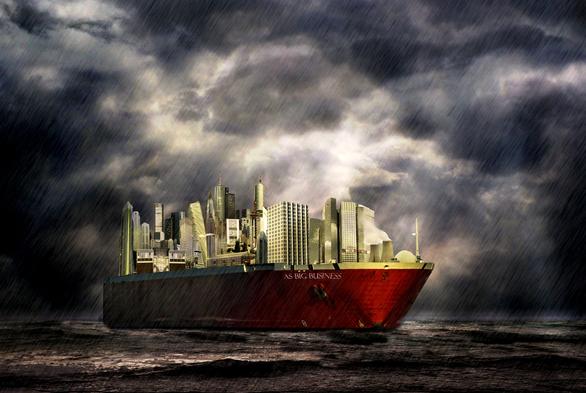 Digital Art: Eine Fotomontage im Querformat aus ca.60 Einzelbildern. 
Unter einem dramatischen Himmel mit dunklen Wolken und leichtem Regen und auf einem leicht aufgewühlten dunklen Meer liegt sehr großes Schiff mit rotem Stahlrumpf. Das Schiff trägt mehr als 50 Hochhäuser, sowie ein Atomkraftwerk.an der Front steht in weißen Buchstaben "AS Big Bussiness". Die Szenerie wird beleuchtet von einigen Sonnenstrahlen, die durch die Wolken brechen, sodass einzelne Gebäude golden leuchten.
Der Titel des Bildes ist "Ark Big Business"