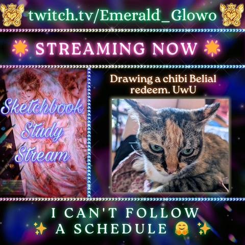 Poster announcement of my sketchbook study stream. A kittycat picture of my cat, Sora. With caption : "Drawing a chibi Belial redeem. UwU"