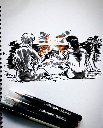 A couple sitting on a ridge facing a setting sun while sharing a snack.