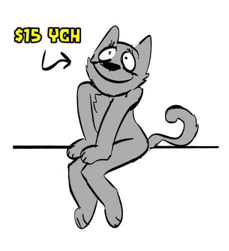 Via alt bot: A cartoon cat sits on a ledge with its legs crossed. The cat is looking up and smiling. There is an arrow pointing towards the cat and the text "$15 YCH" above it.