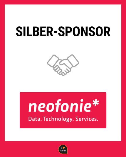 "SILBER-SPONSOR" in schwarzen Großbuchstaben, darunter befindet sich ein Symbol von zwei sich schüttelnden Händen. Im unteren Bereich ist das Logo von "neofonie*" abgebildet, begleitet von dem Slogan "Data. Technology. Services." Am unteren Rand ist das TYPO3-Camp Berlin Logo.