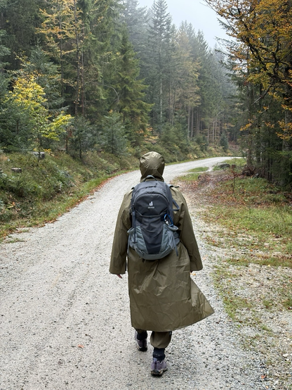 A person with a backpack and a raincoat walking through a forest
