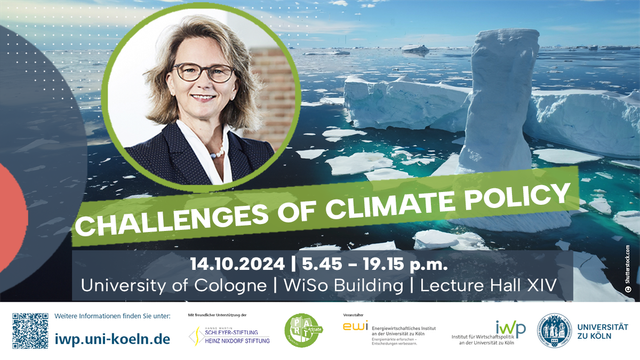 Prof Dr Bettina Rockenbach from the Faculty of Management, Economics and Social Sciences of the University of Cologne in front of a melting iceberg, as an upcoming speaker in the lecture series ‘Challenges of Climate Policy’ by the Institute for Economic Policy at the University of Cologne. Text: ‘CHALLENGES OF CLIMATE POLICY - 14.10.2024, 17.45 - 19.15 University of Cologne | WiSo Building | Lecture Hall XIV’