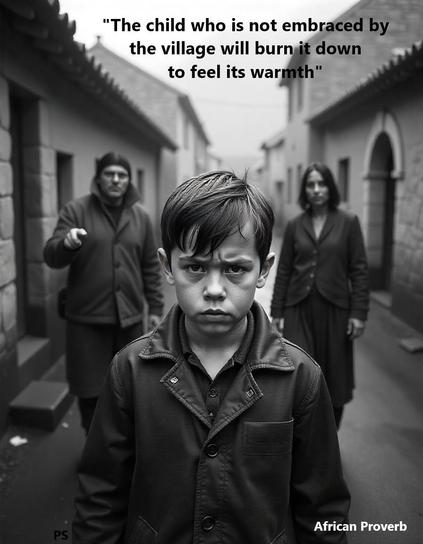 Picture of an angry boy while two adults walk behind him while pointing at him.