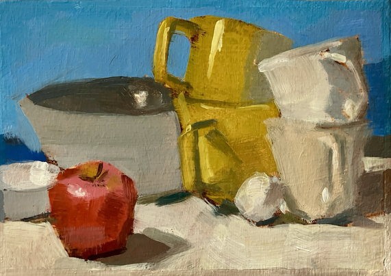 An oil painting of coffee cups.