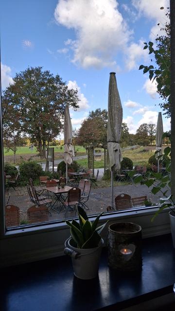 Fensteraussicht des Heidekruges in Münster, mit dem Bick auf die Terasse vor dem Heidekrug,  es ist kurz nach 12 Uhr und der Gastraum füllt sich langsam, draußen sind es 11°, zu kalt um draußen zu sitzen,  die Sonnenschirme sind zugeklappt. Die Sonne wird ab und zu von den Schäfchenwolken bedeckt, auf der Fensterbank im Gastraum brennt ein Teelicht, welches durch den herzförmigen Ausschnitt im Teelichtglas zusehen ist, daneben stehen links und rechts Blumentöpfe.