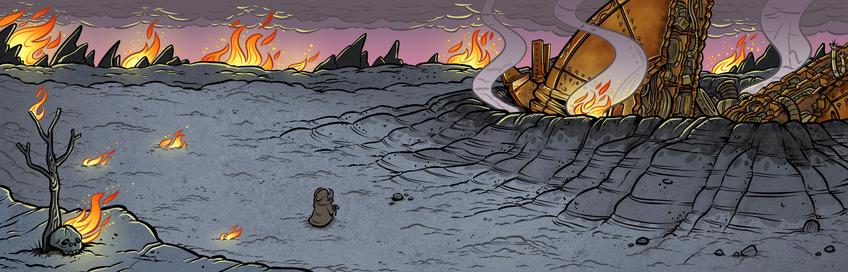 A hooded figure strides across a fiery desolate wasteland towards a crashed spaceship nestled in a smoldering crater. There is a tree with a skull near it in the foreground and foreboding clouds in the distance.