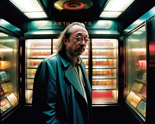 a photographic depiction of an humanoid individual cornered in a dead-end of a maze of vending machines. He seems unflustered.