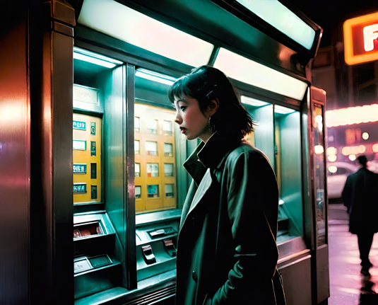 a photographic depiction of a humanoid individual in profile in an exterior nighttime shot at a short row of vending machines that comprise an automated kiosk