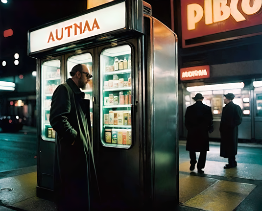 a photographic depiction of a humanoid individual in profile at a vending kiosk in a nighttime urban environment, with a couple more humanoid individuals visible in the background