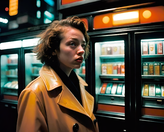 a photographic depiction of a humanoid individual in a leather coat walking past a row of vending machines on an urban sidewalk at night