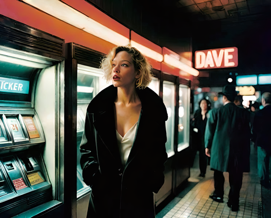 a photographic depiction of a humanoid individual examining the contents of a row of sidewalk vending machines in an urban nighttime shot with a small cluster of other humanoids, out of focus, in the background on the right