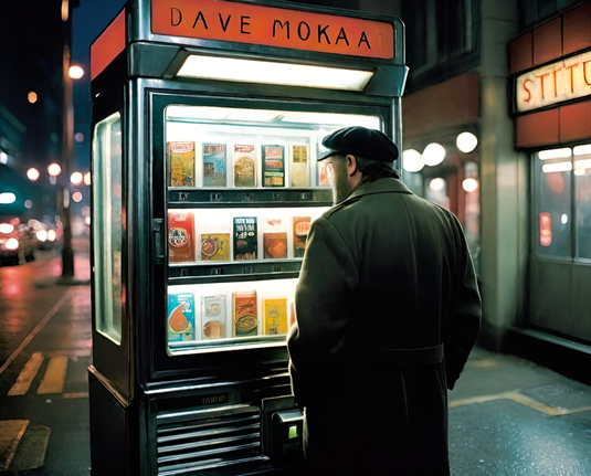 a nighttime photographic depiction of a human individual (facing away) examining the contents of a urban sidewalk vending machine as a standalone kiosk