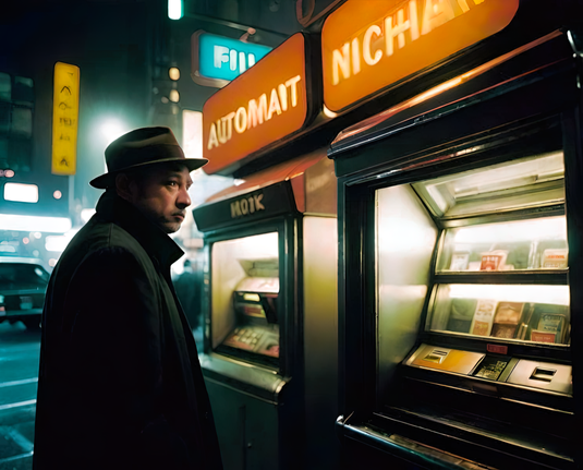 a photographic depiction of a humanoid individual in profile examining a pair of vending machines as an automated kiosk in a nighttime urban setting