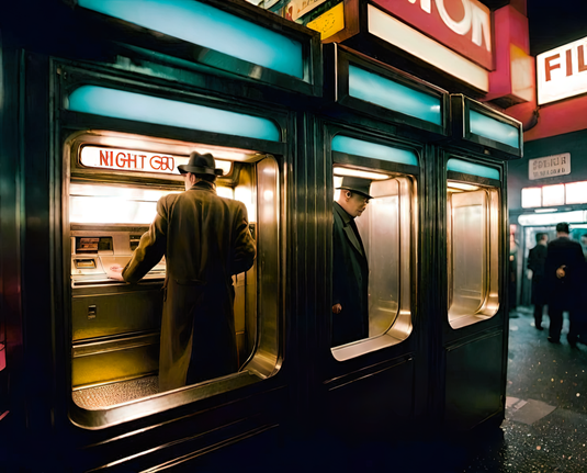 an urban nighttime photographic depiction of a small booth containing machines for automated purchase and a pair of humanoid individuals, one of which is politely waiting his turn