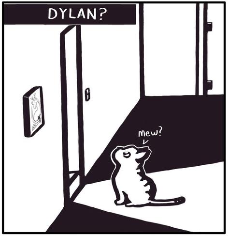 Panel 1 of Dylan?, a Painted Doggie comic: “Mew?” Dylan (a cat) sits looking up to the light shining down the basement stairs.