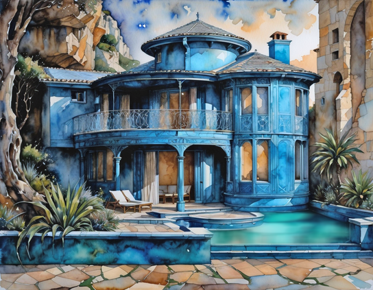 Blue villa with a tower, round rooms, boarded windows and a stone patio with a  luxurious in ground pool with lounge chairs, set against a natural backdrop of desert ruins. Watercolor style.