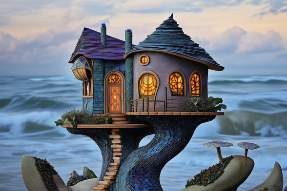 A whimsical house with glowing windows sits atop a twisted, tree-like structure against a backdrop of rolling ocean waves. The structure features a quaint design with a curved roof, stairs, and surrounding mushrooms.