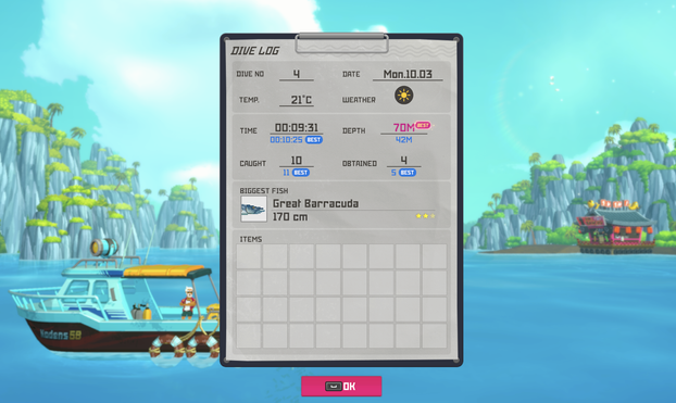 Screenshot of Dave the Diver game where I caught my first 7KG Barracuda