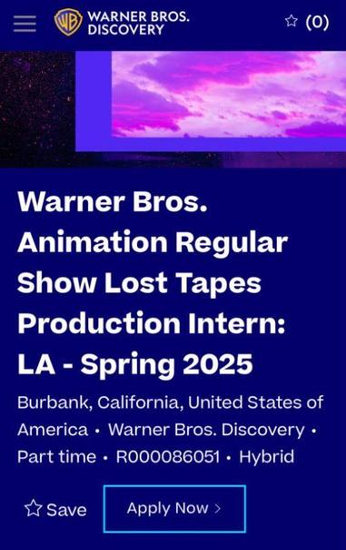A job listing for "Warner Bros. Animation Regular Show Lost Tapes Production Intern: LA - Spring 2025" on the Warner Bros. Discovery website
