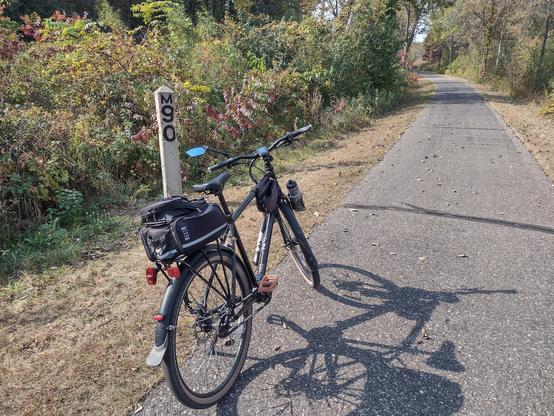 A bicyle posed on a bike trail that is a converted railroad line.  Next to the bicycle is one of the original mile posts for the railroad.  The post is labeled “M90” indicating 90 miles from the origin.  The bike is parked on the left edge of the trail, which extends from center bottom to center top.  The trail has trees with leaves and brush along both sides.