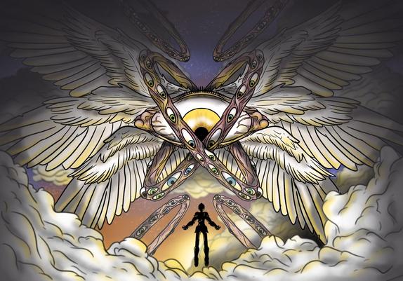 A small silhouette of a knight in armor floating above the clouds greets a giant "biblically-accurate" angel with too many eyes and wings.