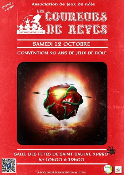 affiche de la convention 50 ans de jeux de rôle. Inspiré par le  design par la boite rouge de D&D