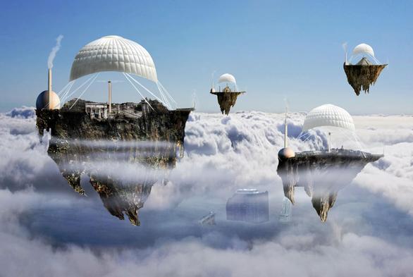 Digital Art: Eine Fotomontage im Querformat aus ca. 35 Einzelbildern. 
Über den Wolken schweben vier große Felsen die nach unten konisch zusammen laufen und zerklüftet sind. Die Oberseite der Felsen bildet ein Plateau. In der Mitte des Plateaus ragt ein großer Propeller auf wie von einem Hubschrauber.   Darüber ist mit Seilen ein fallschirmartiges Objekt gespannt. An der rechten Seite ist en jedem Felsen ein senkrechter Propeller angebracht. Auf allen Felsen befindet such linksseitig ein kuppelartiges Gebäude und daneben ein hoher Schlot aus drm weißer Rauch strömt.
Auf dem nahesten Felsen (links im Bild) ist eine alte griechische Tempelanlage zu sehen. Auf dem nächsten (rechts im Bild) befindet sich eine Stadt. Auf den beiden entfernteren einmal das Tadsch Mahal und eine Maya-Pyramide.
Durch ein Loch in der Wolkendecke ist ein dunkelblaues Meer mit halb versunkenen und zerstörten Wolkenkratzern zu erkennen.
Der Titel des Bildes ist "Denkmal-Arche"