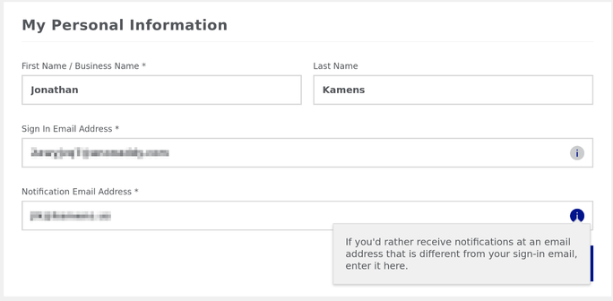 "My Personal Information" dialog box, with fields for name, "Sign in Email Address", and "Notification Email Address". There's a help bubble visible which says, "If you'd rather receive notifications at an email address that is different from your sign-in email, enter it here."