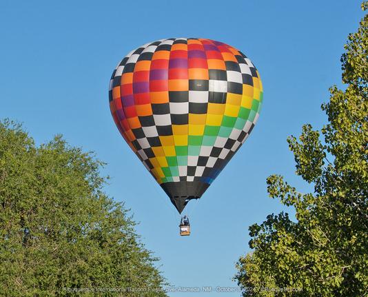 Hot air balloon with colorful, checkered spirals against a blue sky; trees in bottom corners.
©BosqueBill.com