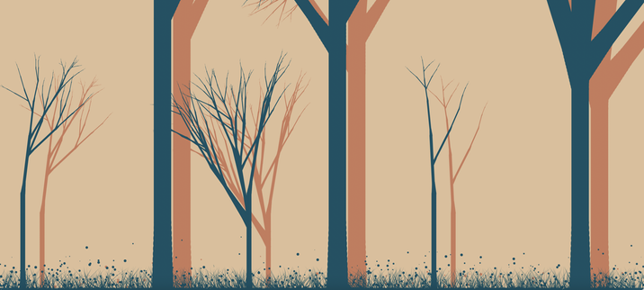 Three large bare branched tree reaching off-screen, three smaller trees between. All trees blue with tan shadows and beige background.