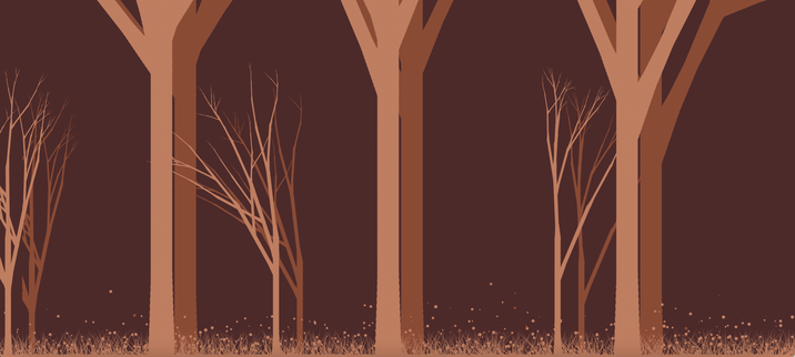 Three large bare branched tree reaching off-screen, three smaller trees between. All trees beige with brown shadows and dark red borown background.