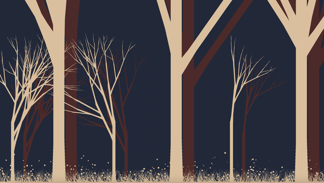 Three large bare branched tree reaching off-screen, three smaller trees between. All trees beige with dark res-brown shadows and deep blue background.