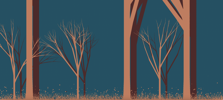 Three large bare branched tree reaching off-screen, three smaller trees between. All trees beeige with dark brown shadows and bright blue background.