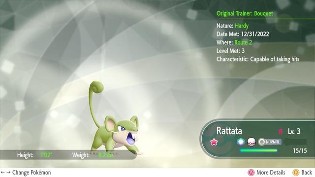 Screenshot of Pokémon Let’s Go Pokémon summery screen for shiny Rattata