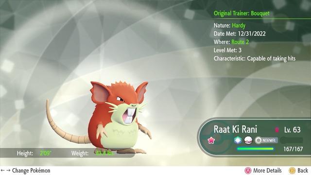 Screenshot of Pokémon Let’s Go Pokémon summery screen for shiny Raticate with the name Raat Ki Rani